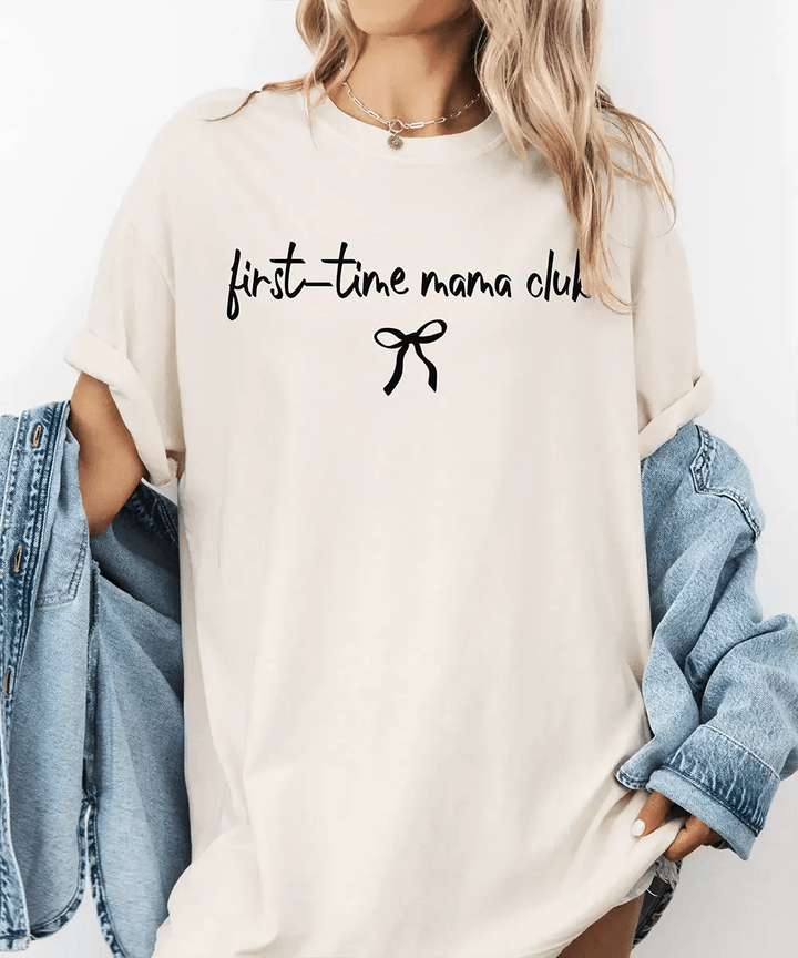 First-Time Mama Club Comfort Colors® T-Shirt – New Mom Bow Tee - Woven Mama