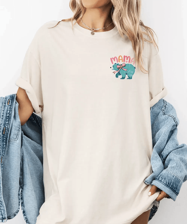 MAMA Comfort Colors® T-Shirt – Bear with Bow Pocket Print Mom Shirt - Woven Mama