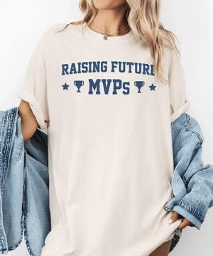 Raising Future MVPs T-Shirt – Sports Mom Tee in Bella+Canvas & Comfort Colors - Woven Mama