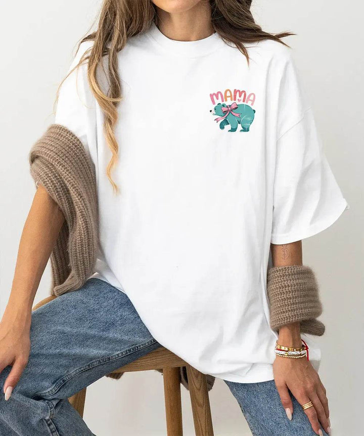 MAMA Comfort Colors® T-Shirt – Bear with Bow Pocket Print Mom Shirt - Woven Mama