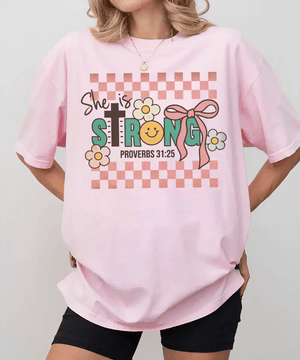 Retro She Is Strong Proverbs 31:25 Shirt – Christian Faith Tee or Sweatshirt for Women - Woven Mama