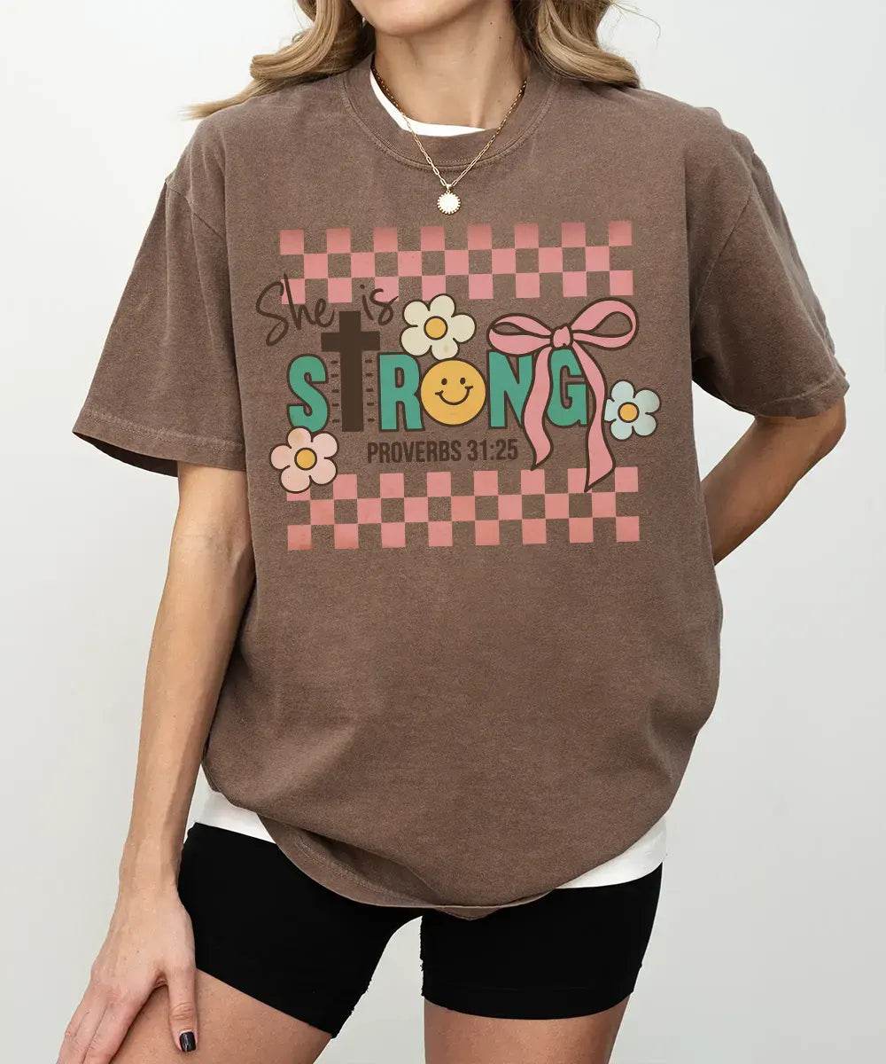 Retro She Is Strong Proverbs 31:25 Shirt – Christian Faith Tee or Sweatshirt for Women - Woven Mama