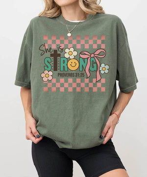 Retro She Is Strong Proverbs 31:25 Shirt – Christian Faith Tee or Sweatshirt for Women - Woven Mama