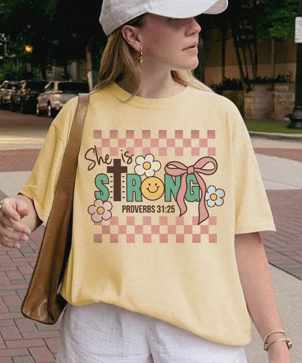 Retro She Is Strong Proverbs 31:25 Shirt – Christian Faith Tee or Sweatshirt for Women - Woven Mama