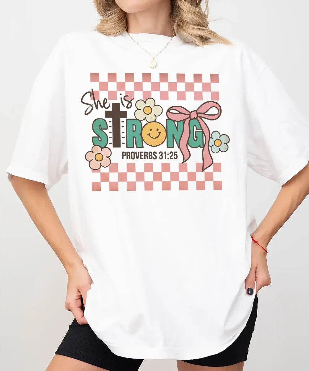 Retro She Is Strong Proverbs 31:25 Shirt – Christian Faith Tee or Sweatshirt for Women - Woven Mama