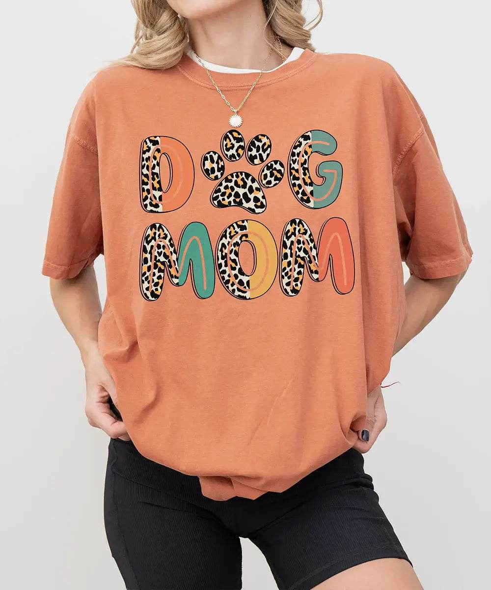Dog Mom Comfort Colors® T-Shirt – Retro Leopard Letters with Paw Print - Woven Mama