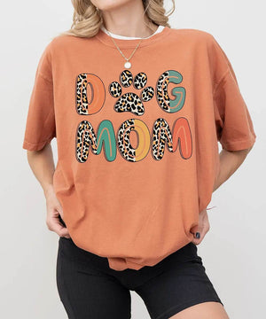 Dog Mom Comfort Colors® T-Shirt – Retro Leopard Letters with Paw Print - Woven Mama