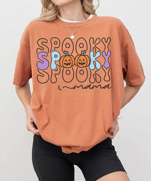 Spooky Mama Comfort Colors T-Shirt or Crewneck Sweatshirt – Colorful Halloween Pumpkin Mom Shirt - Woven Mama