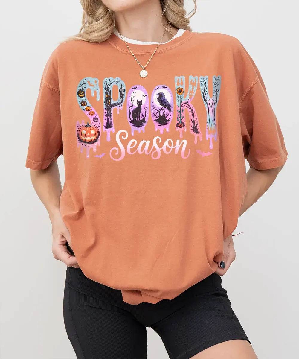 Spooky Season Comfort Colors T-Shirt or Crewneck Sweatshirt – Cute Drippy Pastel Halloween Shirt - Woven Mama