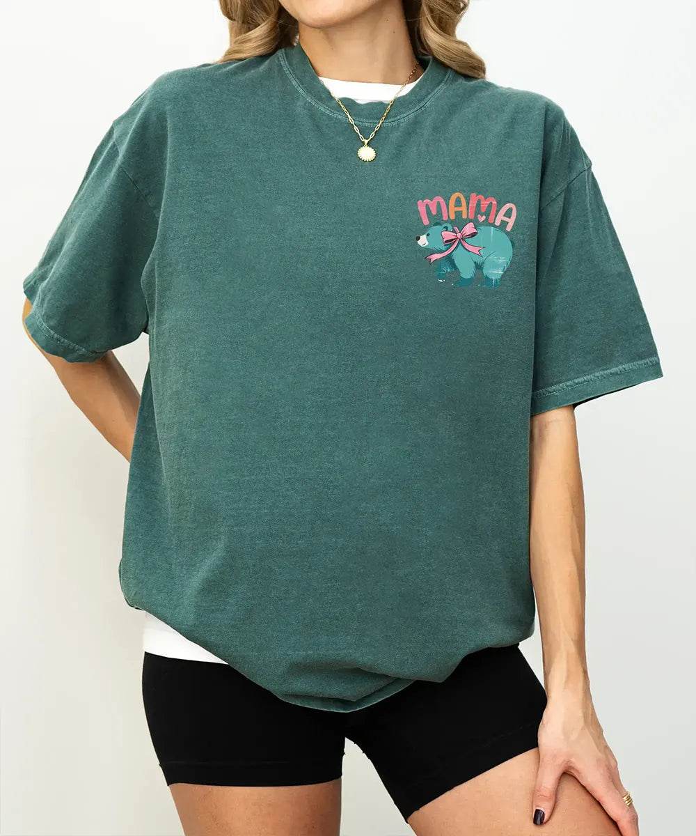 MAMA Comfort Colors® T-Shirt – Bear with Bow Pocket Print Mom Shirt - Woven Mama